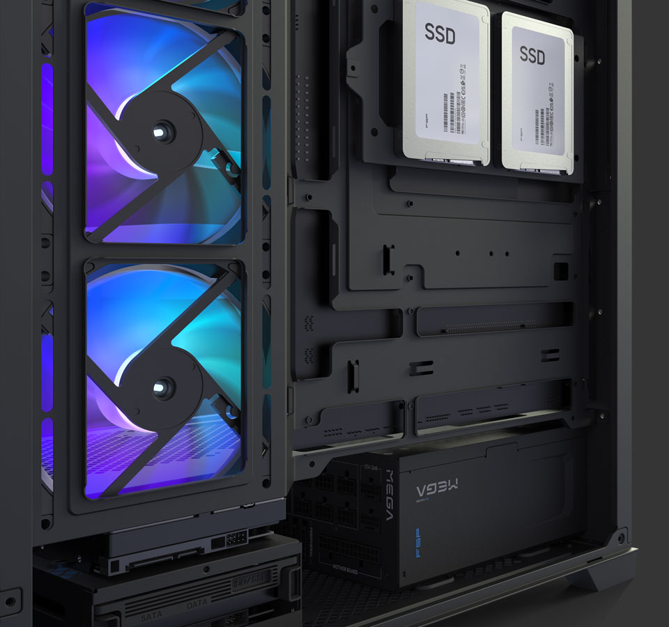 specialized zones for PSU and HDD/SSD